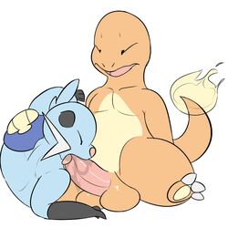 2016 ambiguous_gender balls charmander dewott erection fellatio furry nintendo oral pcred566 penis pokémon_(species) pokemon pokemon_(species) pokephilia saliva scalie sex simple_background video_games