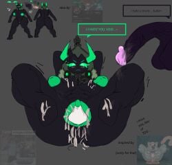 1girls after_sex areolae ballsack black_hair cum_in_pussy dark_skin dick female_only green_eyes huge_balls huge_breasts inspired nerdly_duck nuclear_fallen_king nude_female pussy reference_image roblox rule_63 tower_defense_simulator void_reaver_(tds)