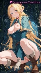 1girls 2025 ai_generated belt blonde_hair blue_eyes blush boots braid breasts breasts_out brown_footwear capelet choker delicious_in_dungeon dress dungeon_meshi elf elf_ears female female_only gloves green_eyes hi_res highres long_hair long_sleeves looking_at_viewer medium_breasts natsuyoru nipples no_panties patreon pointed_ears pointy_ears pussy smile solo squatting twin_braids uncensored vagina voluptuous voluptuous_female white_gloves