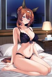 1girls 2024 :) animal_ears bare_arms bare_legs bare_shoulders barefoot bed bedroom belly big_breasts blue_eyes bra bra_strap breasts brown_hair cleavage collarbone feet female female_only hair_bun head_tilt highres hotel_room indoors kemonomimi knees_together lace-trimmed_bra lace-trimmed_panties lacy_bra lacy_panties large_breasts legs light-skinned_female light_blush light_skin lingerie looking_at_viewer merufena navel on_bed panties pillow purple_bra purple_lingerie purple_panties purple_underwear short_hair sitting sitting_on_bed smile solo stomach super_creek_(umamusume) tail thick_thighs thighs tight_panties toes umamusume underwear waist window