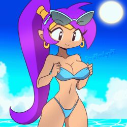 1girls animated artist_signature bikini blue_bikini breasts cheeky earrings female female_only flashing flashing_at_viewer flashing_breasts genie hair_ornament lifted_by_self lifted_top medium_breasts outdoors ponytail scruffmuhgruff shantae shantae_(character) smooth_skin solo solo_female starfish starfish_pasties suggestive sun sunglasses sunglasses_on_head tiara wink winking_at_viewer