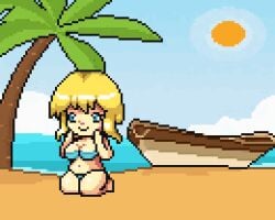 1girl animated beach beach_anime_day_(game) bikini breasts english_text female game_cg pixel_art repa_games_(developer) sand solo tree
