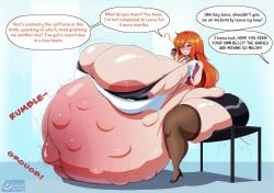 ? areola_slip ass_visible_through_thighs blue_eyes coffee commission demidegen dialogue english_text fetal_movement gigantic_ass gigantic_breasts heels holding_coffee_cup holding_tablet huge_areolae hyper hyper_ass hyper_belly hyper_breasts hyper_pregnancy ipad lactation lactation_through_clothes leaking logo long_hair office_lady orange_hair original original_character outie_navel popped_navel pregnant sitting_on_table snapping someone_else's_oc sound_effects table talking talking_to_another text thick_thighs thighhighs unborn_kicking wide_hips