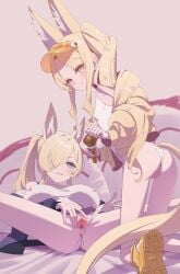 2girls animal_ear_fluff animal_ears anouetto anus ass bare_shoulders blonde_hair blue_archive blue_eyes blue_jacket blush breasts censored clenched_teeth covered_nipples dog_ears extra_ears forehead fox_ears hair_over_one_eye halo hat highleg highleg_one-piece_swimsuit highres jacket kanna_(blue_archive) kanna_(swimsuit)_(blue_archive) kneeling large_breasts long_hair long_sleeves looking_at_viewer microphone multiple_girls off_shoulder one-piece_swimsuit parted_bangs ponytail pussy seia_(blue_archive) seia_(swimsuit)_(blue_archive) shoes side_ponytail sidelocks small_breasts smile sneakers swimsuit tail teeth thighs visor_cap white_one-piece_swimsuit yellow_eyes yellow_hat yellow_jacket