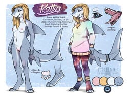 anthro areola breasts clothed clothing english_text female fish looking_at_viewer marine model_sheet multiple_images nipples nude pussy rotarr shark small_breasts smile solo standing text