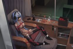 2020s 2025 absurdres arms_behind_back ball_gag black_thighhighs blindfold blue_hair bodysuit bondage bound breast_bondage breasts bus chair commentary_request dildo_gag female gag gag_harness gagged headphones highres indoors inside_bus latex latex_bodysuit long_hair on_chair open_mouth original page_2 remote_control restrained separated_legs sex_toy shibari_over_clothes sitting skin_tight solo spreader_bar story_at_source television thighhighs tv very_long_hair vibrator wiffle_gag xiongmao