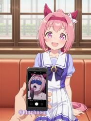 absurd_res absurdres blindfold cellphone dark-skinned_male fellatio female happy haru_urara_(umamusume) horse horse_ears horse_girl indoors licking_penis open_mouth pink_hair smartphone tongue umamusume umamusume_pretty_derby
