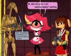 1_eye b1_battle_droid battle_droid blush blushing bondage clone_wars crossover cyclops demon demon_girl dialogue dungeon embarrassed female hazbin_hotel kirifuki_(artist) maid niffty red_hair speech_bubble speech_bubbles star_wars tied tied_hands tied_up