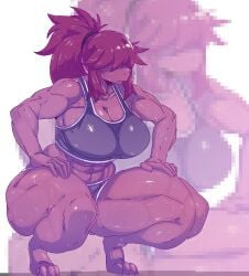 abs anthro big_breasts big_muscles bodily_fluids bra breasts clothing crouching deltarune female front_view hair hi_res muscles muscular muscular_anthro muscular_female muscular_thighs ponytail purple_body purple_hair purple_scales reptile scales scalie snoozysoozyy solo sports_bra susie_(deltarune) sweat thick_thighs undertale_(series) underwear