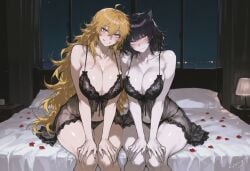 2girls ai_generated big_breasts black_hair blake_belladonna blonde_hair blush breasts canon_couple faunus female hands_on_knees kizirugai long_hair looking_at_viewer negligee pale-skinned_female pale_skin purple_eyes rwby shy smile tagme yang_xiao_long