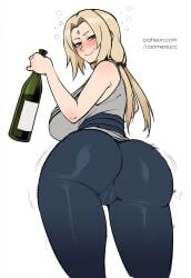 1girls ai_generated alcohol ass big_ass big_breasts blonde_hair blush bottle breasts coomersucc drunk facial_mark female forehead_mark long_hair looking_at_viewer looking_back naruto pants smile solo tsunade white_background wine_bottle