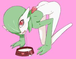 3_fingers all_fours ass blush bowl cock-atrice cum cum_in_container cum_on_tongue eating_cum english_text eyelashes feet female flat_chest food_bowl gardevoir green_hair green_skin hair_over_one_eye heart hi_res humanoid looking_at_viewer nintendo no_breasts nude open_mouth pink_background pokémon_(species) pokemon pokemon_(species) pokemon_rse red_eyes short_hair smile solo text tongue tongue_out video_games white_skin