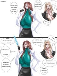 1girls 2girls big_breasts blonde_hair brown_hair lab_coat labcoat mature_female milf pencil_skirt sucking teacher turtleneck voluptuous voluptuous_female