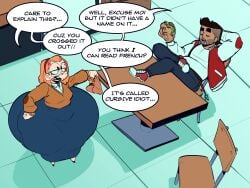 angry angry_face ass brookie_(elpiromanias) eating_pussy elpiromanias fat_ass female glasses greg_(elpiromanias) jock leather_jacket librarian middle_aged nerd original_character pussy stealing_food wide_hips