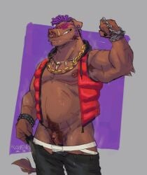 1boy beads bebop bracelet chain_necklace chained chains cuffs dark_skin gold_chain handcuffs jewelry male male_focus male_only necklace pubic_hair solo sus_(pig) teenage_mutant_ninja_turtles top_surgery_scars trans_male trans_man transgender