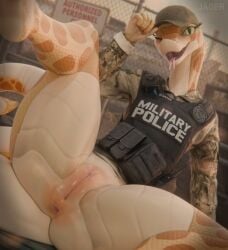 3d_(artwork) absurd_res anthro anus clitoris clothing dasha_(da.nilkaz) detailed digital_media_(artwork) dutch_angle electronics eyelashes female forked_tongue genitals green_eyes hat headgear headwear hi_res jaeger3d long_neck long_tail looking_at_viewer military_cap military_uniform military_vest one_eye_closed presenting presenting_vulva pussy reptile scales scalie snake solo spread_legs spreading tail tan_body tan_scales thick_tail tipping_hat tongue tongue_out uniform ventral_scales vulva walkie-talkie wink winking_at_viewer