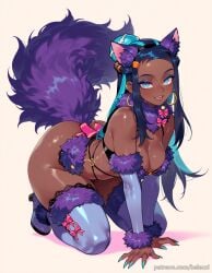ai_generated animal_ears aqua_hair ass balecxi black_hair blue_eyes blue_eyeshadow boots breasts cleavage dark_skin female fur_collar fur_trim hair_bun high_heels hoop_earrings jewelry long_hair looking_at_viewer makeup mash_kyrielight mash_kyrielight_(dangerous_beast) mash_kyrielight_(dangerous_beast)_(cosplay) multicolored_hair nessa_(pokemon) patreon_username pokemon pokemon_ss purple_tail single_hair_bun solo thighhighs wolf_ears wolf_tail