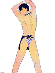 1boy apron ass black_hair from_behind looking_at_viewer male_only matsuno_karamatsu osomatsu-kun osomatsu-san smile solo speedo underwear