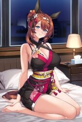 1girls 2024 :) animal_ears bare_arms bare_legs bare_shoulders barefoot bed bedroom big_breasts blue_eyes bra bra_peek bra_strap breasts brown_hair cleavage dress feet female female_only hair_accessory hair_bun head_tilt highres hotel_room indoors kemonomimi knees_together kunoichi large_breasts legs light-skinned_female light_blush light_skin looking_at_viewer merufena on_bed pillow short_hair sitting sitting_on_bed smile solo super_creek_(umamusume) tail thick_thighs thighs toes umamusume waist window
