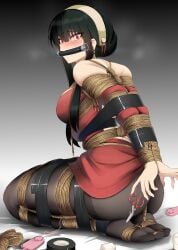 absurdres arms_behind_back ass bagelbomb bit_gag black_hair blush bondage bondage bondage bound bound_arms bound_legs breasts commentary english_commentary female gag gagged hairband highres kneeling large_breasts looking_at_viewer pantyhose red_eyes remote_control_vibrator rope scissors seiza sex_toy sitting solo spy_x_family sweat thighs vibrator white_hairband yor_briar