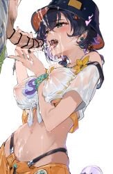 1boy 1girls absurdres after_ejaculation after_fellatio bar_censor belle_(summer_skies)_(zenless_zone_zero) belle_(zenless_zone_zero) bikini bikini_under_clothes black_hat black_nails blue_hair breasts brother_and_sister bucket_hat censored covered_nipples crossed_bangs cum cum_on_body cum_on_headwear earrings facial female green_eyes hair_between_eyes hair_ornament hat highres incest jewelry kurotsuki_machi large_breasts letter_hair_ornament low_twintails male male_pubic_hair nipples official_alternate_costume official_alternate_hairstyle orange_bikini orange_shorts penis pubic_hair see-through_clothes see-through_shirt shirt short_hair shorts siblings simple_background straight swimsuit tied_shirt tongue tongue_out twintails white_background white_shirt wise_(peaceful_waves)_(zenless_zone_zero) wise_(zenless_zone_zero) zenless_zone_zero