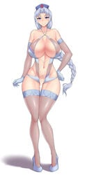 ass_visible_through_thighs bare_shoulders blue_eyes breasts censored dashigarayama eirin_yagokoro gloves hand_on_hip highres huge_breasts looking_at_viewer navel pussy simple_background smile tachi-e thighs touhou white_background white_gloves