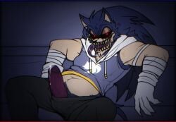 1boy 2011x alternate_universe anthro bandages black_tears bonestheskelebunny01 chest_fur claws clothed clothes creepypasta dark_blue_fur digital_media_(artwork) erect_penis eulipotyphlan eyelids gloves glowing_eyes hedgehog hoodie hoodie_lift looking_at_viewer male male_only mobian_(species) monster_cock monster_tongue muscles muscular muscular_arms pants penis penis_out penis_out_of_pants precum precum_bubble precum_drip precum_on_penis precum_string purple_penis red_eyes saliva saliva_string sega sharp_teeth sitting sitting_on_couch smile smiling smiling_at_viewer sonic.exe sonic.exe_(creepypasta) sonic.exe_(series) sonic_(series) sonic_the_hedgehog_(series) tongue tongue_out veiny_penis