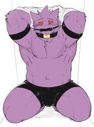 1boy 2013 anthro armpit_hair armpits arms_up bara barefoot belly biceps bit_gag blush bondage bound briefs bulge chest_tuft clothed clothing collar drooling edit front_view fur furry gag gagged gengar half-closed_eyes hands_behind_head kneeling kokuhane kokuhane_(character) line_art looking_at_viewer male male_only monochrome muscular nintendo no_nipples partially_colored pokemon purple_fur red_eyes saliva simple_background sketch solo submissive sweat teeth thick_thighs topless tuft underwear video_games white_background