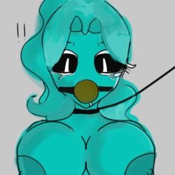 ball_gag big_breasts breasts cookie_run crying female icy_(gunkansmile) leash submissive_female teal_hair voluptuous_female wavy_hair yellow_ball_gag
