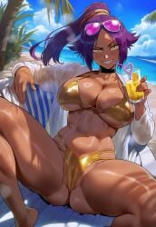 1girls absurd_res absurd_resolution absurdres aesthetic artist_name ass barefoot beach bikini bikini_bottom bikini_top bleach blue_sky breasts cameltoe chair chilling chocker choker cloud clouds cloudy_sky cocktail cocktail_glass covered_nipples dark-skinned_female drink drinking feet female female female_focus female_only full_body golden_bikini hair_ornament hi_res high_quality high_resolution highres huge_ass huge_breasts legs legs_apart lemon lying lying_on_back meiogun nature navel outdoors palm_leaf palm_tree ponytail purple_hair pussy sand seductive seductive_look seductive_smile shihouin_yoruichi shiny_clothes shiny_skin sitting skindentation sky smile smug smug_face smug_smile spread_legs sun sunglasses sunglasses_on_head sunlight teeth thick_ass thick_eyebrows thick_thighs thighs water wide_hips wind yellow_eyes