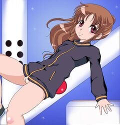 bare_legs bottomless female female gradient gradient_background long_sleeves naked_track_jacket no_panties no_pants pussy saki solo takakamo_shizuno