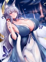 1female 1girls azur_lane bare_shoulders big_breasts blush breasts breasts_bigger_than_head butterfly cleavage clothed clothing eyebrows female female_focus female_only fox_ears fox_girl fox_tail hands_on_own_chest holding_glass holding_object huge_breasts large_breasts long_hair looking_at_viewer purple_eyes shinano_(azur_lane) shinano_(dreams_of_the_hazy_moon)_(azur_lane) silver_hair solo solo_female solo_focus wine wine_glass zetsuhei_no_roran