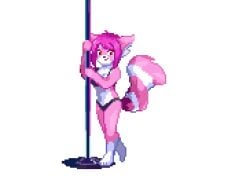 animated anthro bangs bottomwear bra breasts canid canine clothing dancing digital_media_(artwork) female fox genitals hair kick leg_out lewd_eden_games mammal markings nude orange_eyes pattern_clothing pink_body pink_hair pixel_(artwork) pixel_animation pole raccoon_dog shorts side_bangs solo spread_legs spreading striped_clothing striped_markings striped_tail stripes stripper stripper_pole symbell tail tail_markings tanuki teasing thighs_spread underwear vulva