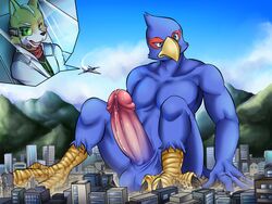 anthro avian bird canine city destruction erection falco_lombardi fox fox_mccloud macro male male_only mammal nabesiki nintendo penis precum star_fox video_games