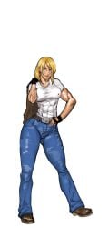 1girls abs airborne athletic_female blonde_female blonde_hair blue_eyes bob_cut erect_nipples fatal_fury fatal_fury:_city_of_the_wolves female female_terry fingerless_gloves fit_female garou:_mark_of_the_wolves genderswap_(mtf) gloves holding_jacket jeans king_of_fighters leather looking_at_viewer mature_female megaween muscular muscular_female nipple_erection rule_63 shirt shoes short_hair simple_background sneakers snk snk_heroines:_tag_team_frenzy tagme terry_bogard