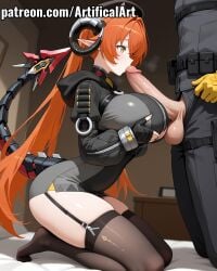 1boy 1girls ai_generated artifical_art balls black_hat black_horns black_thighhighs blush dragon_girl dragon_horns female gloves hood horns kissing kissing_penis light-skinned_female light_skin long_hair long_pointy_ears male mechanical_horns mechanical_tail orange_hair orpheus_(zenless_zone_zero) penis penis_on_breast perfect_body pointy_ears tail zenless_zone_zero