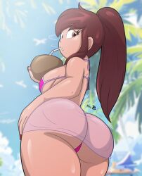 back_view backboob beach big_ass big_breasts bikini breasts brown_eyes brown_hair coconut coconut_drink dark-skinned_female dark_skin disney doc.b female latina mariposa_diaz pink_bikini ponytail red_nails star_vs_the_forces_of_evil
