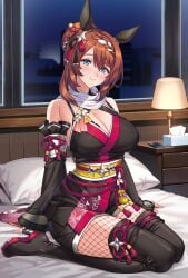 1girls 2024 :) animal_ears bare_shoulders bed bedroom big_breasts blue_eyes boots bra bra_peek bra_strap breasts brown_hair cleavage detached_sleeves dress female female_only fingerless_gloves fishnets hair_accessory hair_bun head_tilt high_heel_boots highres hotel_room indoors kemonomimi knees_together kunoichi large_breasts light-skinned_female light_blush light_skin looking_at_viewer merufena on_bed pillow scarf short_hair sitting sitting_on_bed sleeves smile solo super_creek_(umamusume) tail tall_boots thick_thighs thighs umamusume waist window