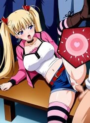 1boy ai_generated akizuki_airi belt blonde_hair blue_eyes blush boots breasts choker clothed_sex clothing clothing_aside covered_nipples crop_top cross-laced_footwear cum cum_in_pussy denim denim_shorts female fertilization hair_ribbon impregnation jacket large_breasts leg_up legwear long_hair lying male midriff mosaic_censoring multiple_boys nakadashi navel on_table oni_chichi open_mouth ovum penis pink_jacket pussy ribbon semen sex short_shorts shorts solo_focus sperm_cell spread_legs straight striped_clothes striped_thighhighs sweat table thighhighs tongue tongue_out twintails underwear vaginal_penetration