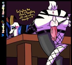 anthro anus asriel_(duotale) asriel_dreemurr asriel_dreemurr_(god_form) ass ass_up balls boss_monster_(undertale) bovid caprine clothing erection femboy fur genitals goat hi_res hooves horn leaning leaning_forward leaning_on_table leather leather_clothing leather_topwear legwear looking_at_viewer male mammal markings nub_tail oatmealgoat penis presenting presenting_anus presenting_balls presenting_hindquarters presenting_penis solo stockings striped_body striped_fur striped_markings stripes thong topwear undertale undertale_(series) underwear unguligrade vein veiny_penis