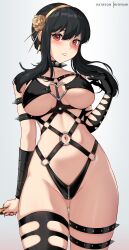 1girls absurdres arm_strap asymmetrical_legwear bdsm_outfit big_breasts black_choker black_gloves black_hair black_nails blood blood_on_hands blush bondage bondage_outfit bound breasts choker cleavage collar commentary cosplay cowboy_shot earrings elbow_gloves english_commentary female female_human gloves gold_hairband gradient_background hairband hand_up highres hioyami human jewelry kaijin_hime_do-s kaijin_hime_do-s_(cosplay) large_breasts light-skinned_female looking_at_viewer medium_hair nail_polish navel o-ring one-punch_man parted_lips patreon_username red_eyes simple_background single_glove single_thighhigh skindentation slim_waist solo spiked_collar spikes spy_x_family thick_thighs thigh_strap thighhighs thighs thorn_princess underboob weapon wide_hips yor_briar