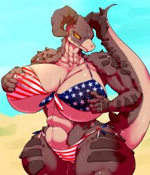 anthro big_breasts bikini bodily_fluids breasts camel_toe censored clothed clothing cottontail deathclaw fallout female hi_res horn looking_at_viewer microsoft scalie solo swimwear thick_thighs two-piece_swimsuit