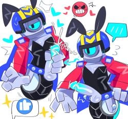 angry_symbol black_pupils blue_eyes blush brawl_stars bunnysuit censored color cum emoji heart_symbol helmet holding_penis japanese_text jerking_off male male_only penis pixiv robot robot_boy robot_penis stu_(brawl_stars) wan_txt wheel