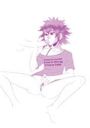 asian asian_female blowjob gorillaz hairy_pussy hors-art long_penis noodle_(gorillaz) noodle_(jaguar) own_pussy pantless small_breasts spread_legs sucking_tip touching wearing_shirt