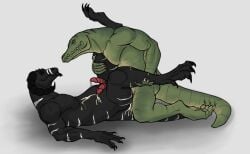 aduran anthro anthro_on_anthro anthro_penetrated anthro_penetrating anthro_penetrating_anthro black_body black_horn black_sclera blue_eyes crocodile crocodilian duo erection eye_contact facial_markings genitals green_body head_markings horn looking_at_another lying male male/male male_penetrated male_penetrating male_penetrating_male markings mouth_closed muscular muscular_anthro muscular_male nude obscured_penetration on_back overweight overweight_anthro overweight_male penetration penis red_eyes red_penis reptile scalie sex sharp_teeth side_view simple_background striped_arms striped_face striped_legs striped_markings striped_tail stripes tail tail_markings teeth