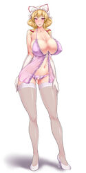 alternate_costume alternate_hairstyle ass_visible_through_thighs babydoll bangs blonde_hair bow bow_panties breasts censored cleavage collarbone covered_nipples crotchless_panties dashigarayama elbow_gloves female flower_censor full_body gloves hair_up hairbow hands_on_thighs hat hat_ribbon high_heels highres hip huge_breasts knees lace lace_legwear lace_trim lingerie looking_at_viewer mob_cap navel negligee no_pussy outline panties parted_lips pointless_censoring purple_eyes purple_panties red_pupils ribbon sagging_breasts shiny shiny_clothes shiny_hair shiny_skin shoes simple_background skindentation smile solo thighhighs thighs touhou underwear waist white_background white_shoes yukari_yakumo