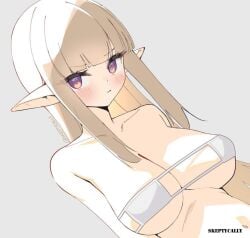 1girls 2d 2d_(artwork) 2d_artwork bare_arms bare_belly bare_chest bare_midriff bare_navel bare_shoulders bare_skin belly belly_button big_breasts bikini bikini_top blunt_bangs breasts brown-haired_female brown_hair busty busty_female busty_girl cleavage collarbone digital digital_art digital_drawing digital_drawing_(artwork) digital_media digital_media_(artwork) elf elf_ear elf_ears elf_female elf_girl exposed_arms exposed_belly exposed_chest exposed_midriff exposed_navel exposed_shoulders exposed_skin eyebrows_visible_through_hair female female_focus female_only frown frown_eyebrows frowning frowning_at_viewer head_tilt inframammary_fold large_boobs large_breasts lean_figure long_hair looking_at_viewer midriff narrow_waist navel nipple_bulge oc original original_art original_artwork original_character pink-eyed_female pink_eyes pointy_ears shoulders simple_background skeptycally slender_body slender_waist slim_waist solo string_bikini swimsuit swimwear tilted_head upper_body white_background white_bikini white_bikini_top white_swimsuit white_swimwear