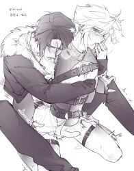 2boys ^^^ adapted_costume anal belt between_legs blush chest_belt chest_blush cleavage_cutout closed_eyes clothing_cutout cloud_strife commentary cropped_jacket crossdressing crossdressing_(mtf) dated detached_sleeves ear_blush erection final_fantasy final_fantasy_vii final_fantasy_viii frilled_sleeves frills fur-trimmed_jacket fur_trim garter_belt greyscale half-closed_eyes hand_on_another's_chest hand_on_another's_shoulder highres hug hug_from_behind jacket jewelry kneeling lily_(shio1006) male male_focus male_penetrated miniskirt monochrome motion_lines multiple_belts multiple_boys necklace nipples nose_blush open_clothes open_jacket pants precum precum_drip saliva scar scar_on_face shirt short_hair signature sitting skirt spiked_hair squall_leonhart stomach_bulge sweat symbol-only_commentary tearing_up thighhighs tongue tongue_out upper_body yaoi