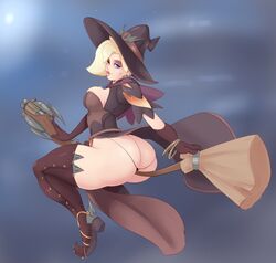 1girls alternate_costume ass ass_cleavage big_ass big_breasts black_g-string black_t-back black_t-string blonde_hair blue_eyes breasts broom broomstick bursting_breasts butt_crack cleavage dat_ass female female_only full-length_portrait full_length g-string halloween huge_ass large_breasts looking_at_viewer looking_back mercy overwatch overwatch_2 portrait solo sunnysundown t-back t-string thick_thighs thighhighs wink witch witch_hat witch_mercy