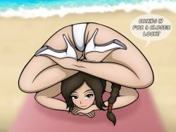 2d ass ass_focus avatar_the_last_airbender beach beach_towel breasts brown_hair dialogue female flexible high_heels hyoreisan legs_above_head nickelodeon ponytail scantily_clad smile tagme ty_lee white_heels